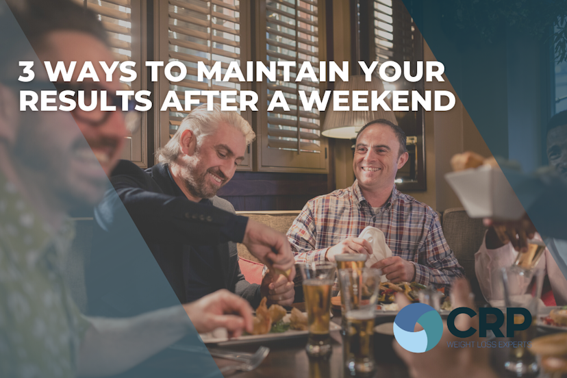 Photo of various middle-aged men at a pub table with the caption "3 ways to maintain your results after a weekend"