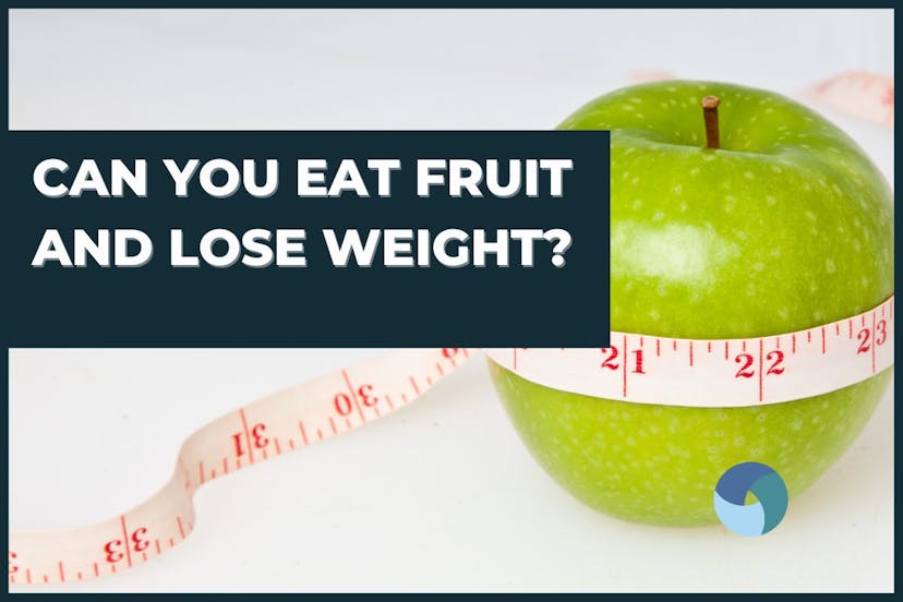 Photo of an apple with a tape measure wrapped around it with the caption "can you eat fruit and lose weight?"