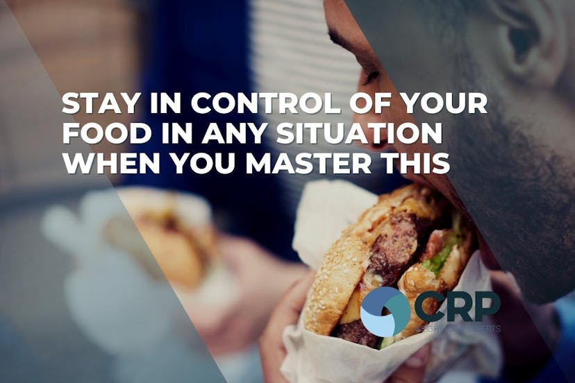 Photo of a man eating a sandwich with the caption "stay in control of your food in any situation when you master this"